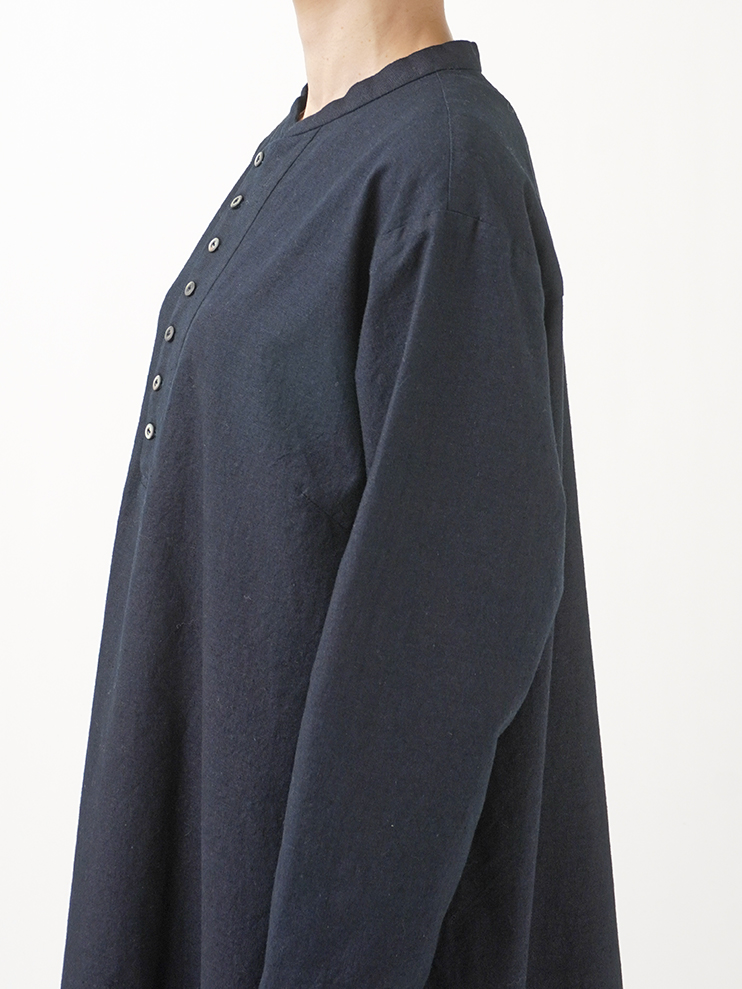16／－インディゴ平織 スタンド襟ワンピース