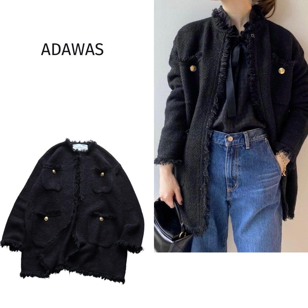 ADAWAS｜定価3.5万 金釦 フリンジ ツイードニットジャケット ブラック ADAWASアダワスツイードニットジャケット卒園卒業